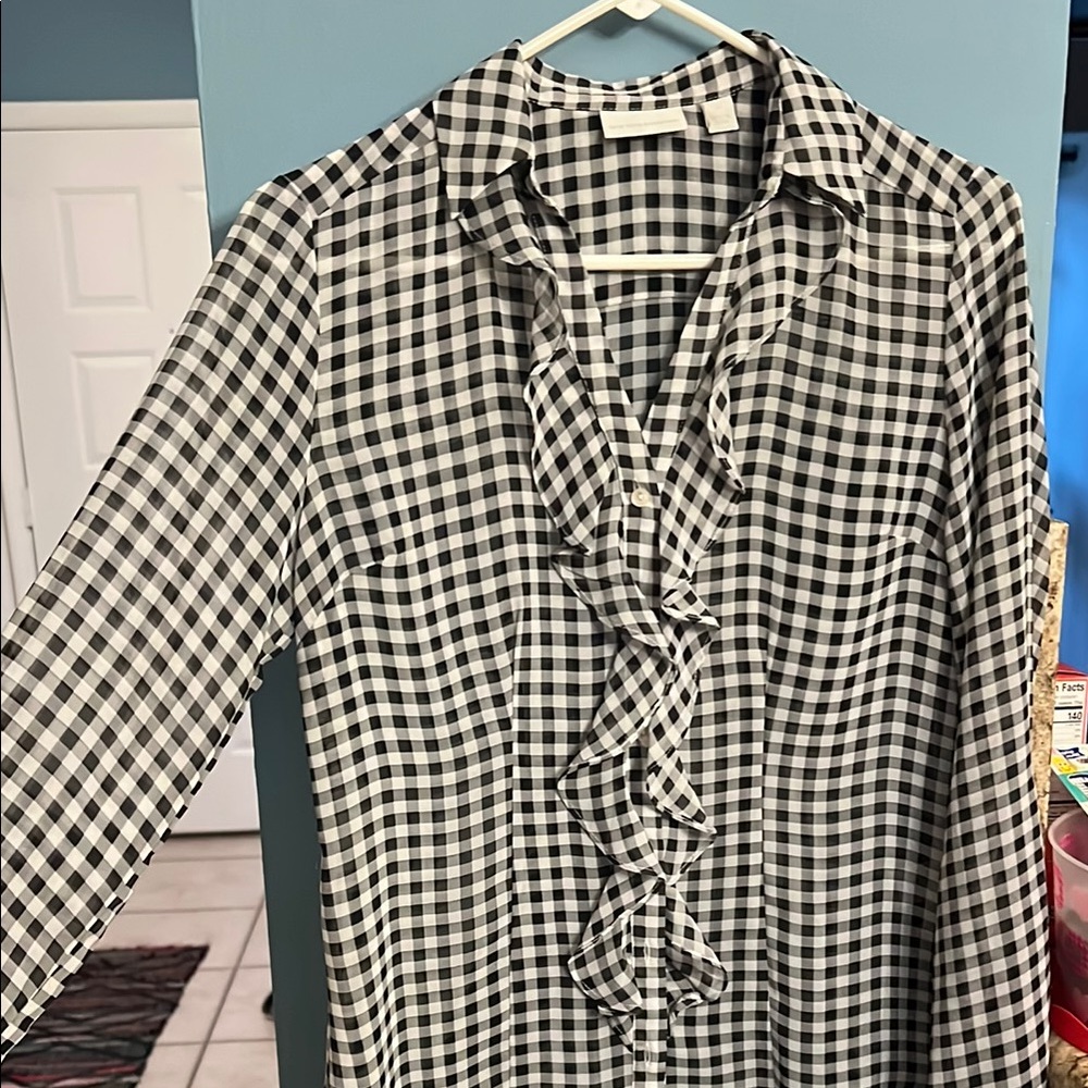 New York and Company Black and White Gingham Ruffle Blouse